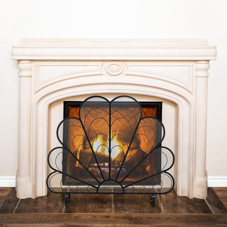 Peacock Feather Matte Black Metal Fireplace Screen on Elevated Curved Legs, Freestanding Decorative Mesh Spark Guard