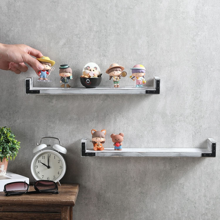 White Wall Mounted Collectibles Rack, Figurine Storage Display Floating Shelf with Matte Black Metal Brackets, Set of 2
