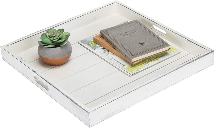 Vintage White 19-Inch Square Serving Tray with Cutout Handles, Set of 2