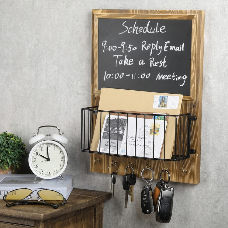 Key and Mail Holder for Wall, Burnt Wood and Black Metal Basket Entryway Organizer Hanging Rack with 4 Gold-Tone Hooks-MyGift