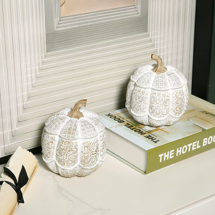 Set of 2, Artificial White Pumpkin Decoration with Intricate Etched Floral Pattern Design-MyGift