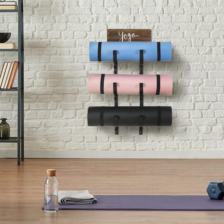 Wall Mounted Black Metal 3-Tier Yoga Mat Rack, Exercise Mat, Foam Roller Holder with Burnt Wood "yoga" Sign