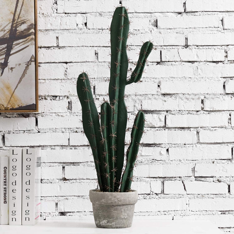 30 Inch Artificial Potted Saguaro Cactus in Gray Cement Plant Pot