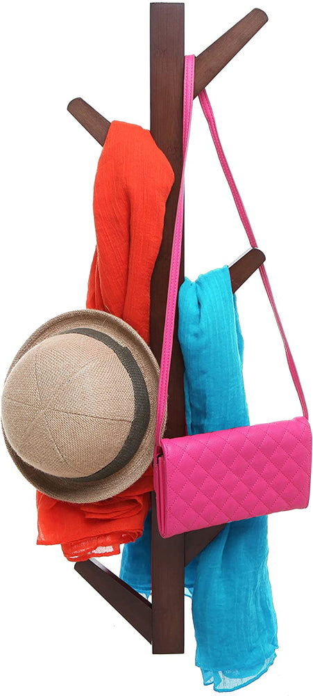 Modern Brown Bamboo Wall Mounted 6 Hook Hanging Storage Organizer, Entryway Coat & Hat Rack-MyGift