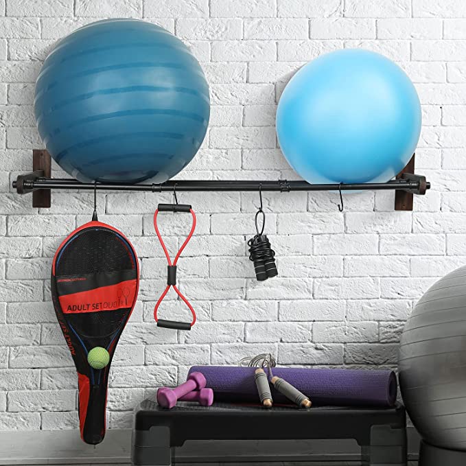Wall Mounted Black Metal Pipe Yoga Exercise Ball Storage Rack with Rustic Wood Backing & 4 Hanger S-Hooks-MyGift