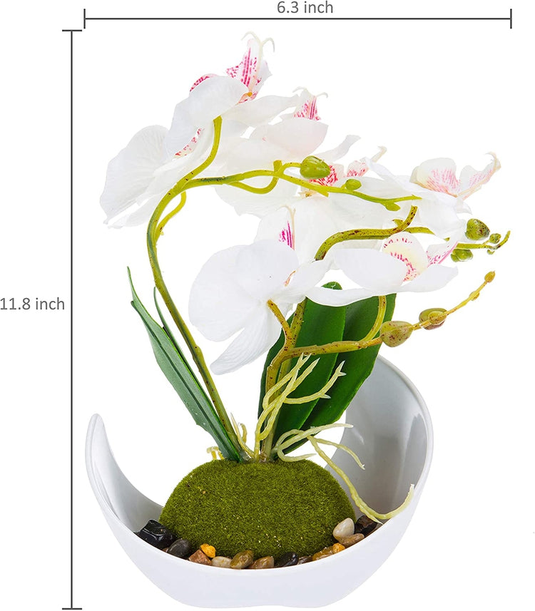 Modern Artificial Flower Decoration, Synthetic Orchids with Sleek Curved White Planter-MyGift