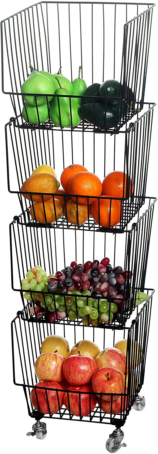 4-Tier Black Metal Wire Stackable Storage Baskets with Wheels, Rolling –  MyGift