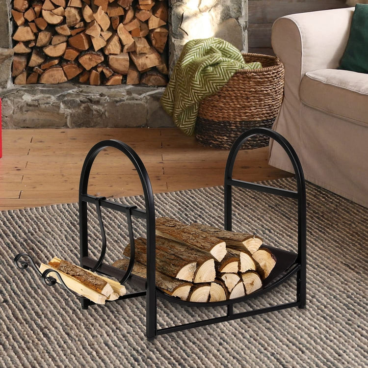 Black Metal Firewood Rack with Dark Brown Leatherette Sling and Removable Extenders, Freestanding Log Kindling Storage