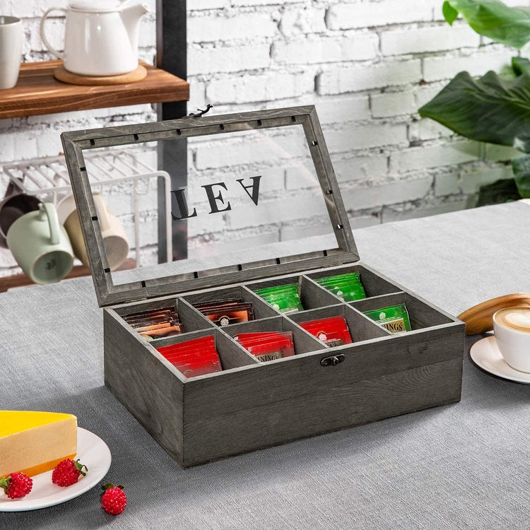 8 Compartment Gray Wood Tea Bag Storage Box Chest with Clear Acrylic Lid-MyGift