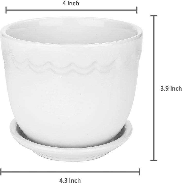 Set of 2, White 4-Inch Scallop Design Succulent Planter with Attached Saucers, Ceramic Pot-MyGift