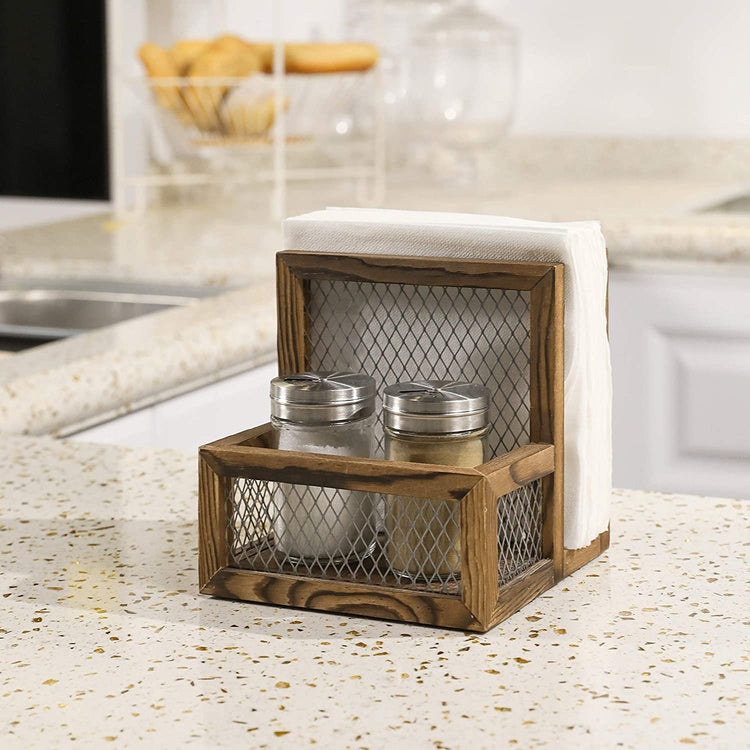 Rustic Burnt Wood Kitchen Tabletop Napkin Holder Rack, Salt & Pepper Shaker Storage-MyGift