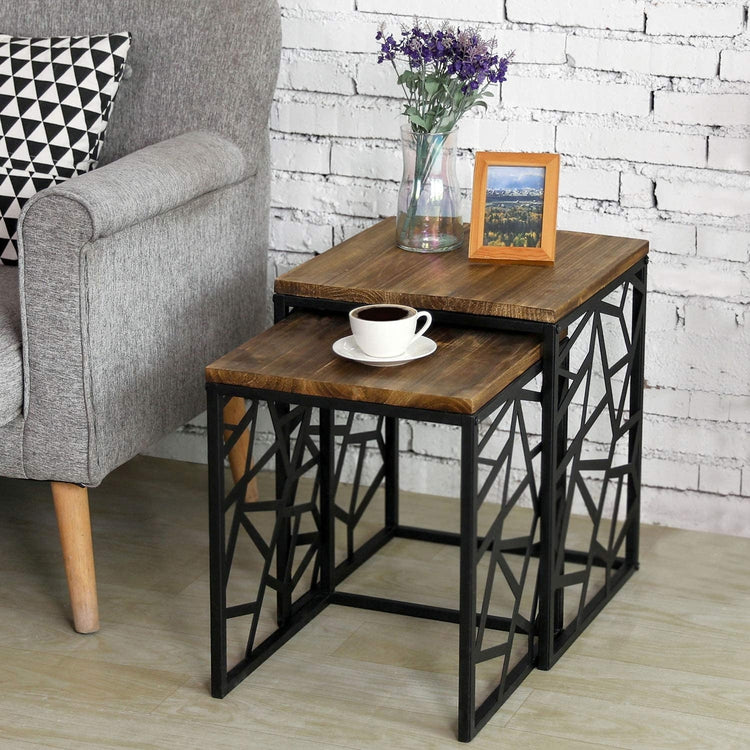 Geometric Cutout Style Black Metal and Burnt Wood Home Living Room Side, End Accent Tables, Set of 2