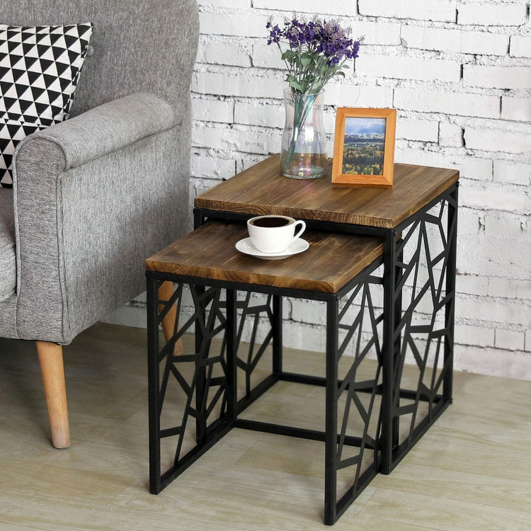 Set of 2, Geometric Cutout Style Black Metal and Burnt Wood Home Living Room Side, End Accent Tables-MyGift