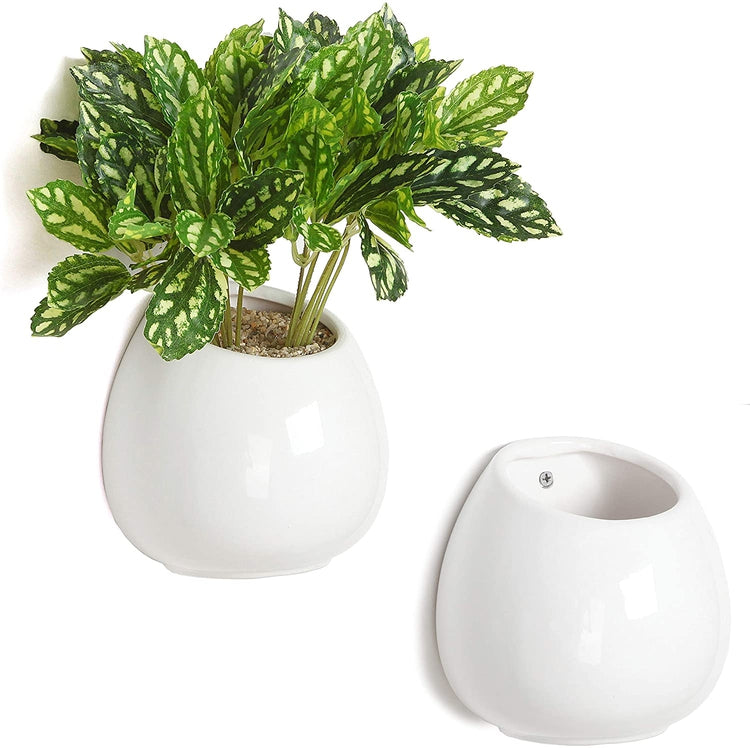 Set of 2, 6-inch White Ceramic Wall-Mounted Succulent Planters-MyGift