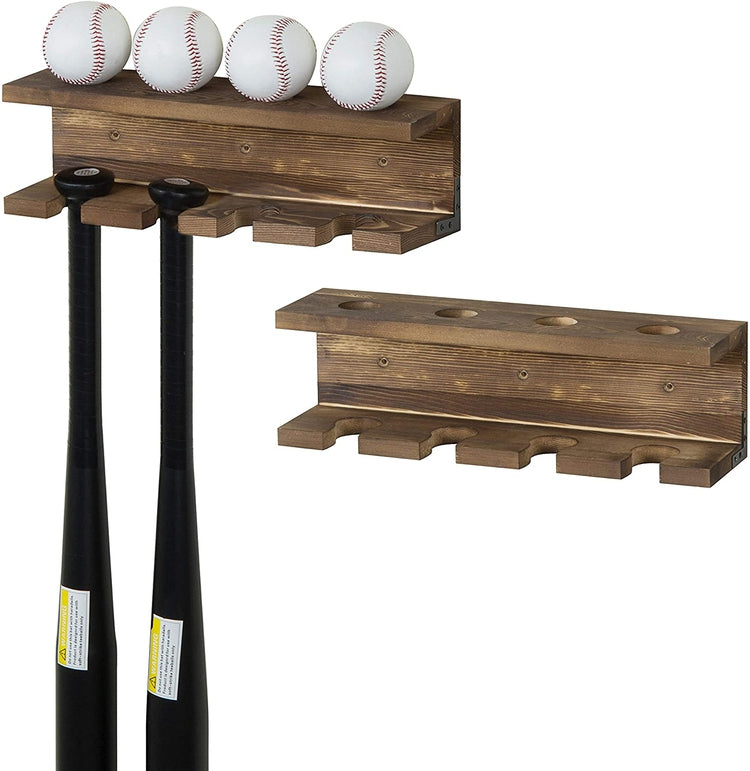 Set of 2, Wall-Mounted Burnt Wood Baseball Bat Rack and Ball Storage Shelf-MyGift