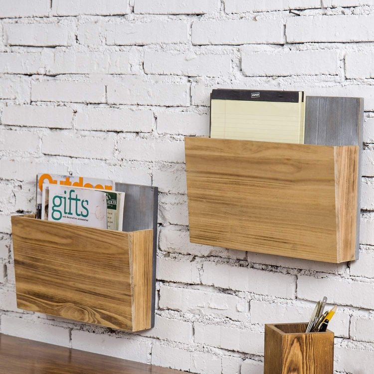 Set of 2, Wall Mounted Dual Tone Burnt Wood on Vintage Gray File Folder, Magazine Rack-MyGift