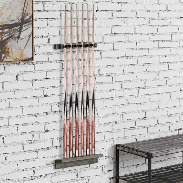 2-Piece, Gray Wood Wall Mounted Billiards Pool Cue Stick Storage Rack for 6 Cues-MyGift