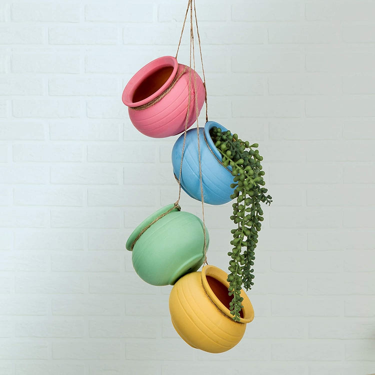 Bright Pastel Ceramic Hanging Flower 4-Pot Planter Set-MyGift