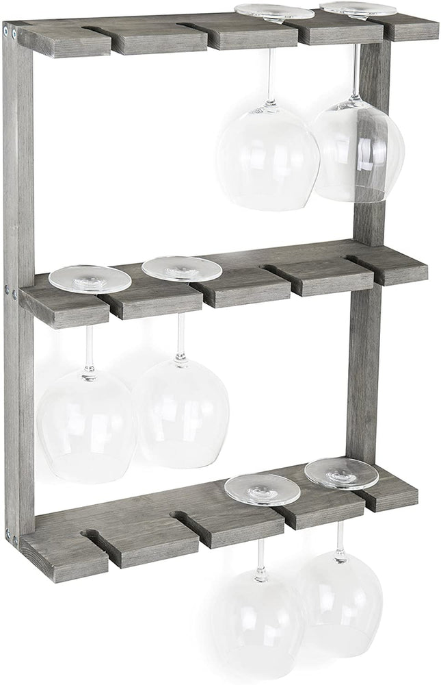 Gray Wood Wall-Mounted 12 Wine Glass Holder Rack, Inverted Stemware Display-MyGift