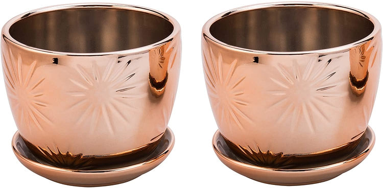 Set of 2, Rose Gold Ceramic Planter, Round Plant Pot with Starburst Design and Saucer-MyGift