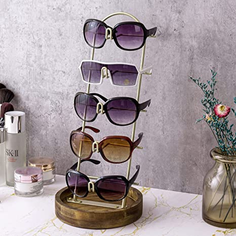 Metal Glasses Display Stand Holder Organizer with Burnt Wood Base Tray, 5 Tier Modern Sunglasses Display Stand-MyGift
