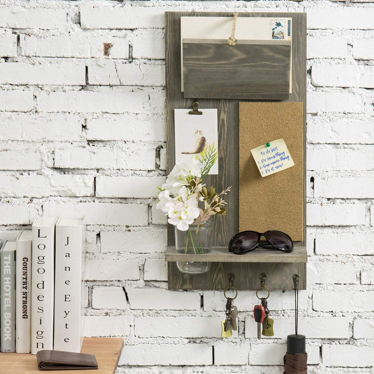 Vintage Gray Wood Wall Mounted Entryway Organizer with Mail Holder, Cork Board, 3 Key Hooks and Glass Mason Jar Vase