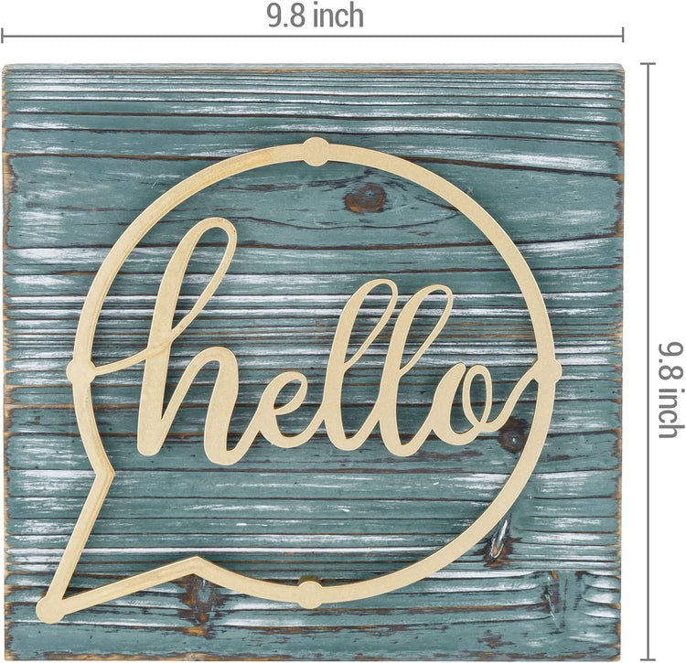 Distressed Weathered Green Wood and Brass Metal Wall Mounted "hello" Letter Sign Hanging Entryway Decoration-MyGift