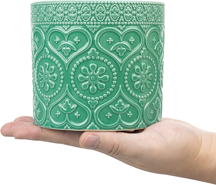 2 Pack of 4-Inch Aqua Green Ceramic Floral Embossed Succulent Planter Pots, Pots for Indoor Plants-MyGift