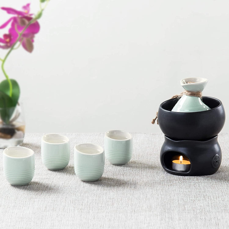 7-Piece Traditional Japanese Light Blue Ceramic Sake Set, Serving Carafe, 4 Cups, Warmer Bowl and Candle Heating Stove-MyGift