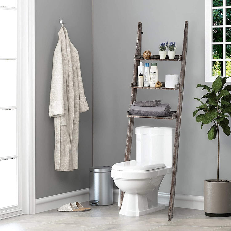 3-Tier Rustic Wood Over-the-Toilet Wall-Leaning Ladder Storage Shelves