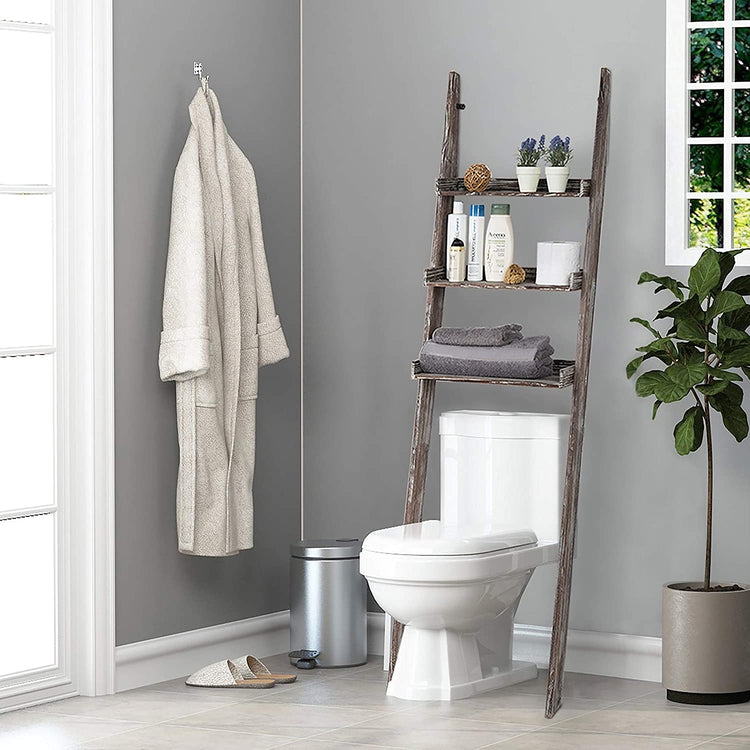 3-Tier Rustic Wood Over-The-Toilet Wall-Leaning Ladder Storage Shelves