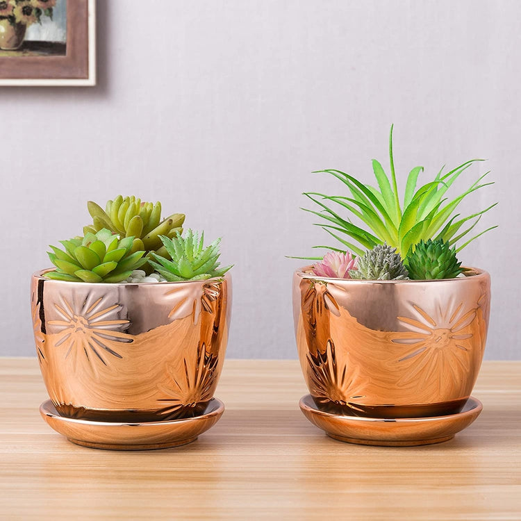 Set of 2, Rose Gold Ceramic Planter, Round Plant Pot with Starburst Design and Saucer-MyGift