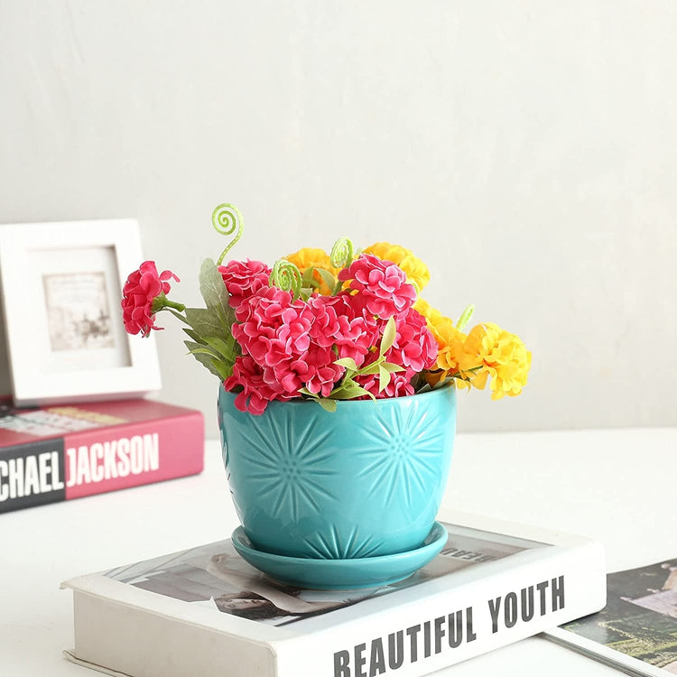 plant pots saucers Aqua Sunburst Design Ceramic Round Flower Planters with Saucers, Set of 2, 5 Inches