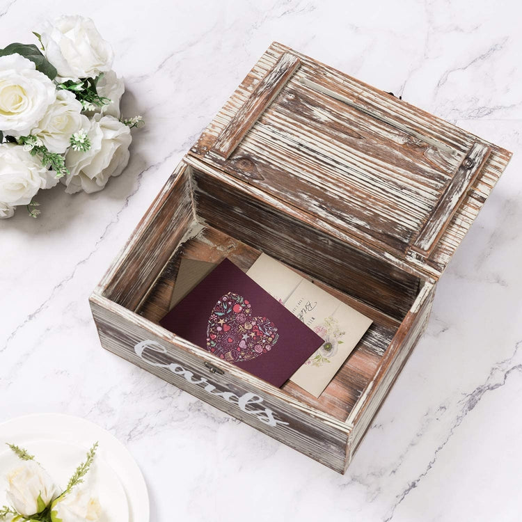 Torched Wood Wedding Gift Card Holder Box with Slotted Lid and Antique Hinge Lock-MyGift