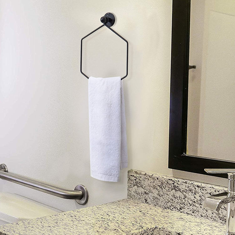 Black Modern Wall Mounted Hexagon Metal Bathroom Hand Towel Ring-MyGift