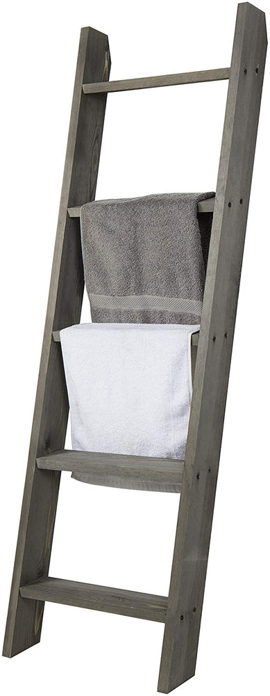 Grey Wood Blanket Rack 4.5 ft Ladder-Style Vintage Leaning Wall Style-MyGift