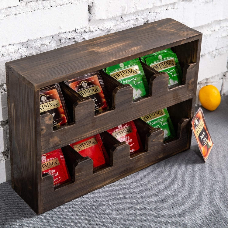 8-Compartment Rustic Dark Brown Burnt Wood Tea Bag Holder Shelf-MyGift