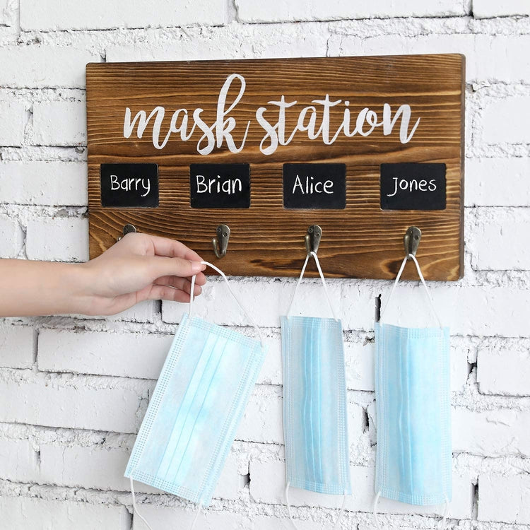 4-Hook Dark Brown Burnt Wood Wall Mounted Face Mask Hanger Rack with Chalkboard Labels