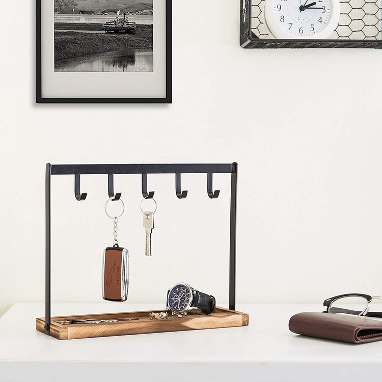 5-Hook, Burnt Wood and Black Metal Tabletop Key Holder, Jewelry Organizer Rack