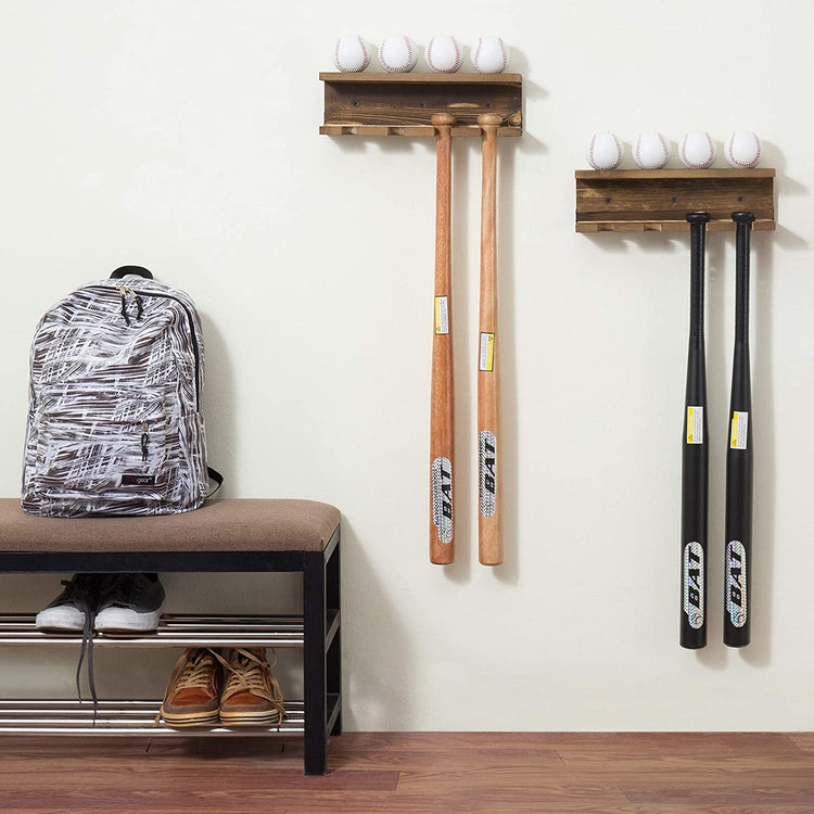 Wall-Mounted Burnt Wood Baseball Bat Rack and Baseball Storage Shelf (Set of 2)