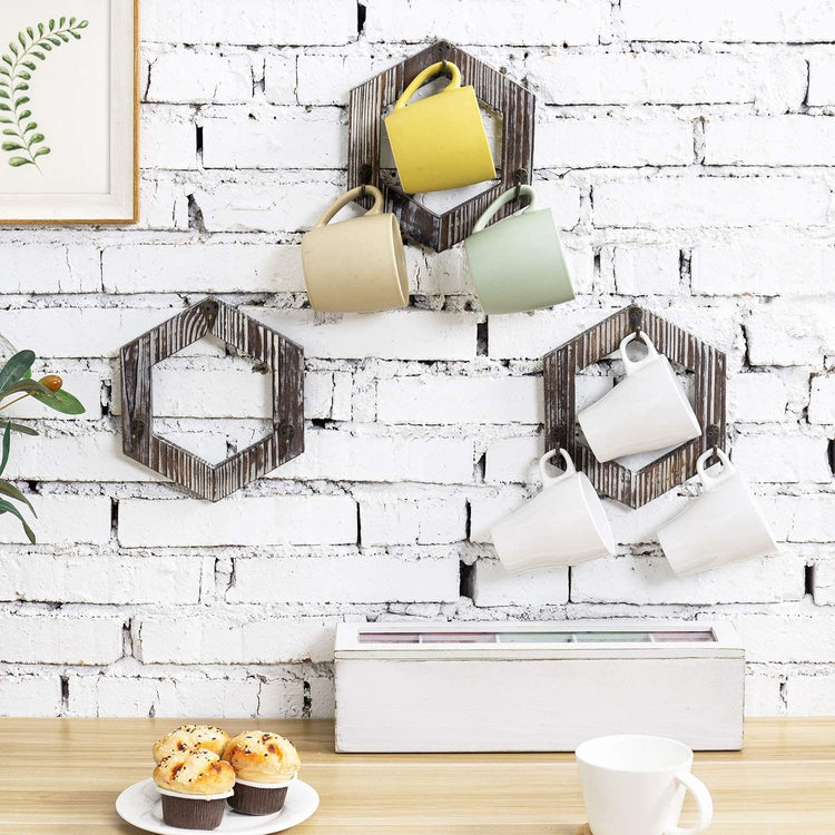 Set of 3, 3-Hook Brown Torched Wood Geometric Hexagon, Wall Mounted Coffee Mug Holder Rack-MyGift