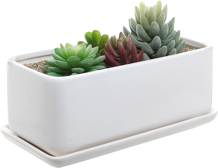Set of 2, White Rectangular 10 inch Succulent Planter Pots with Removable Drip Tray-MyGift