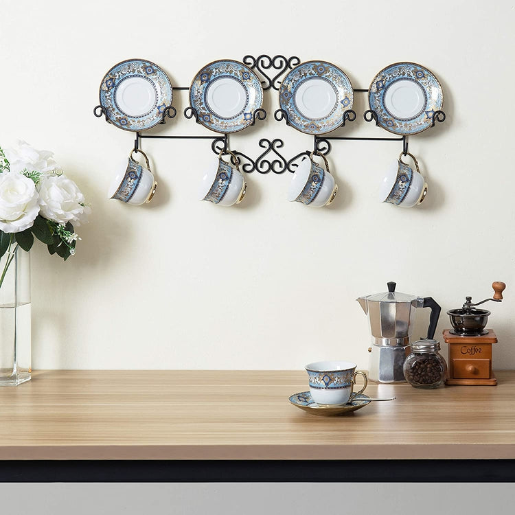 MyGift Metal Wall Mounted Plate Display Rack for Tea Coffee Cup & Saucer Sets