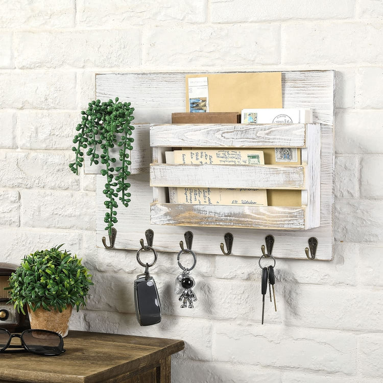 Whitewashed Wood Wall Mounted Entryway Mail Sorter with Key Hooks and Artificial String of Pearls Plant Decoration-MyGift