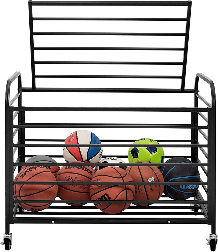 Black Metal Rolling Sports Ball Storage Cart with Lid-MyGift