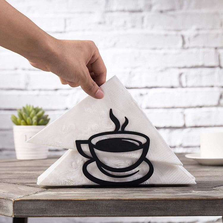 Black Metal Steaming Coffee Cup Design Upright Tabletop Napkin Holder