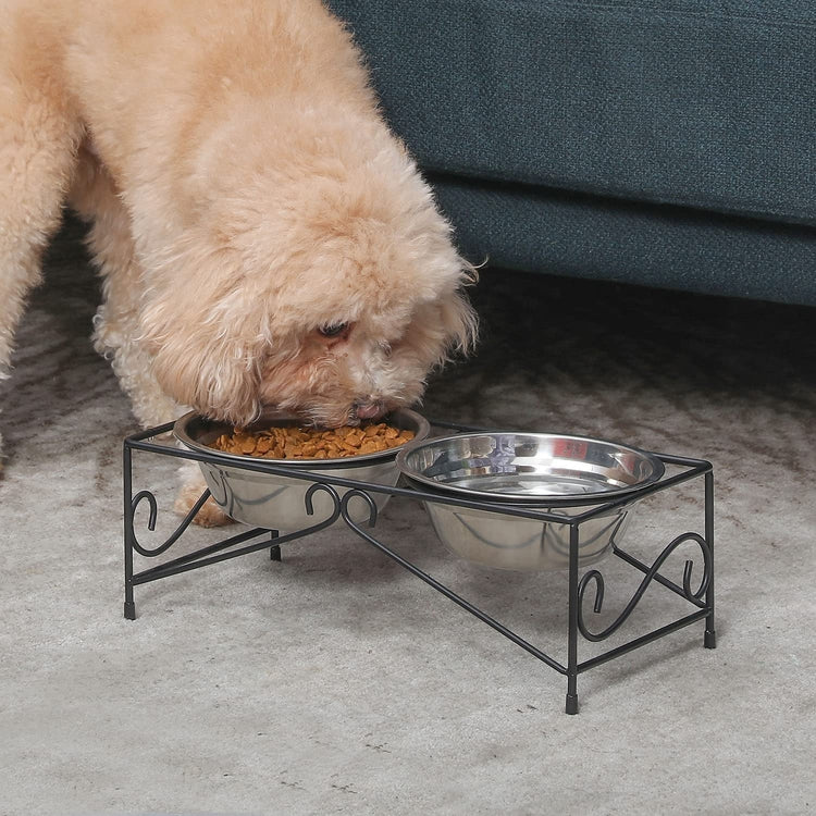 Black and Stainless Steel Metal Raised Dual Pet Feeder Bowls with Bone Decoration, for Dogs, Puppies-MyGift