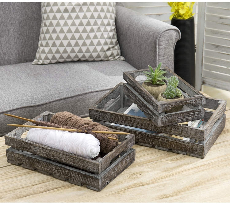 Set of 3, Vintage Wood Decorative Nesting Storage Crates, Brown Storage Trays-MyGift