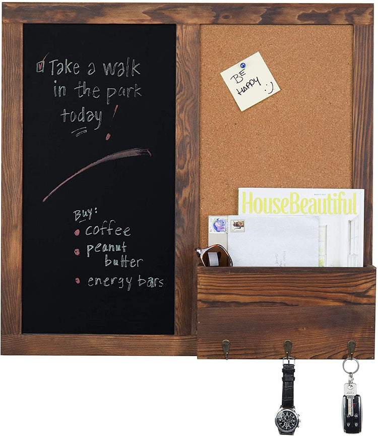 Wall Mounted Chalkboard with Key Hooks and Cork Board, Rustic Dark Brown Wood Mail Sorter-MyGift