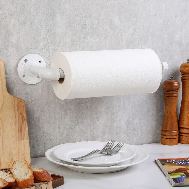 Industrial Pipe Paper Towel Holder, White Metal Wall Mounted or Under Cabinet Kitchen Paper Towel Roll Dispenser Rack